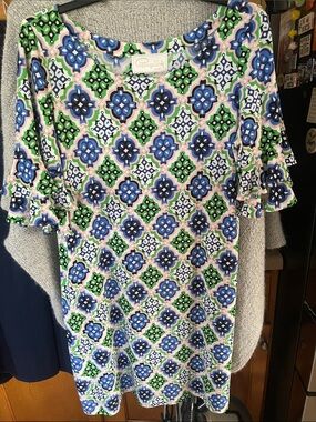 Pappagallo Dress Woman XL Blue Green Pink Geometric Ruffle Sleeve